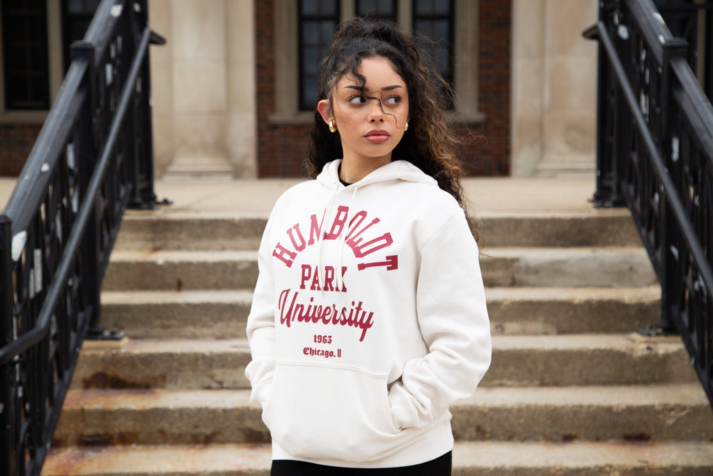 HUMBOLDT PARK UNIVERSITY CREMA "GUAYABA" RED KANGAROO POCKET HOODIE