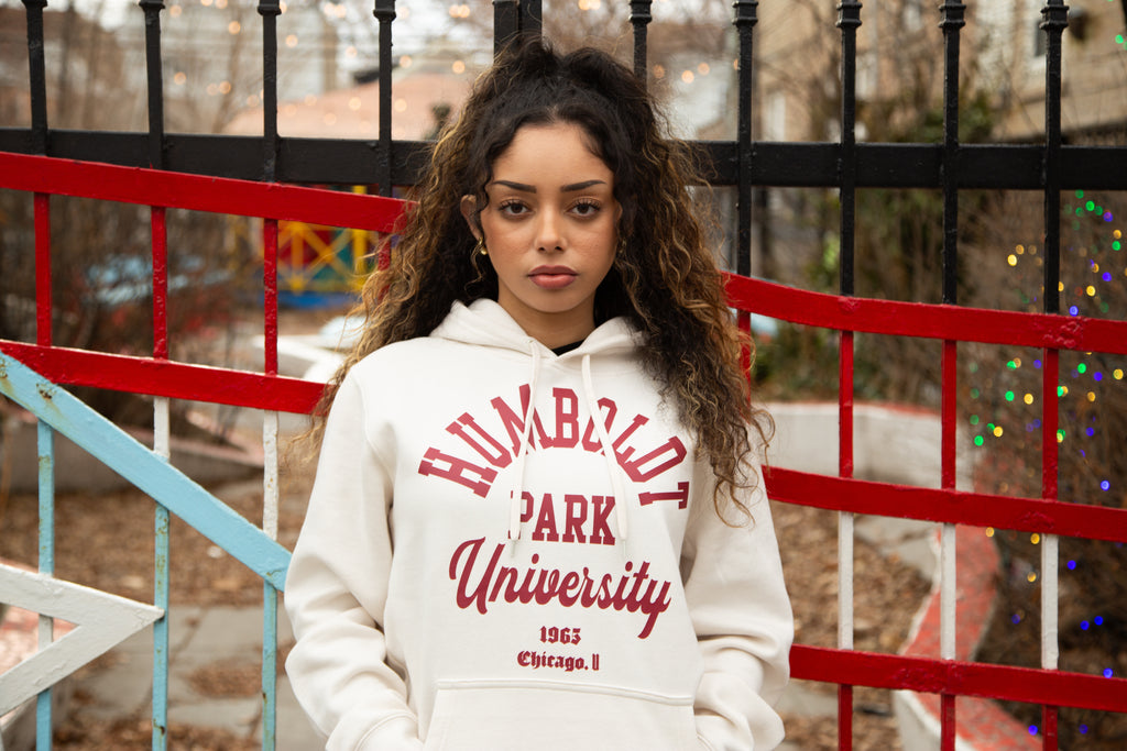 HUMBOLDT PARK UNIVERSITY CREMA "GUAYABA" RED KANGAROO POCKET HOODIE