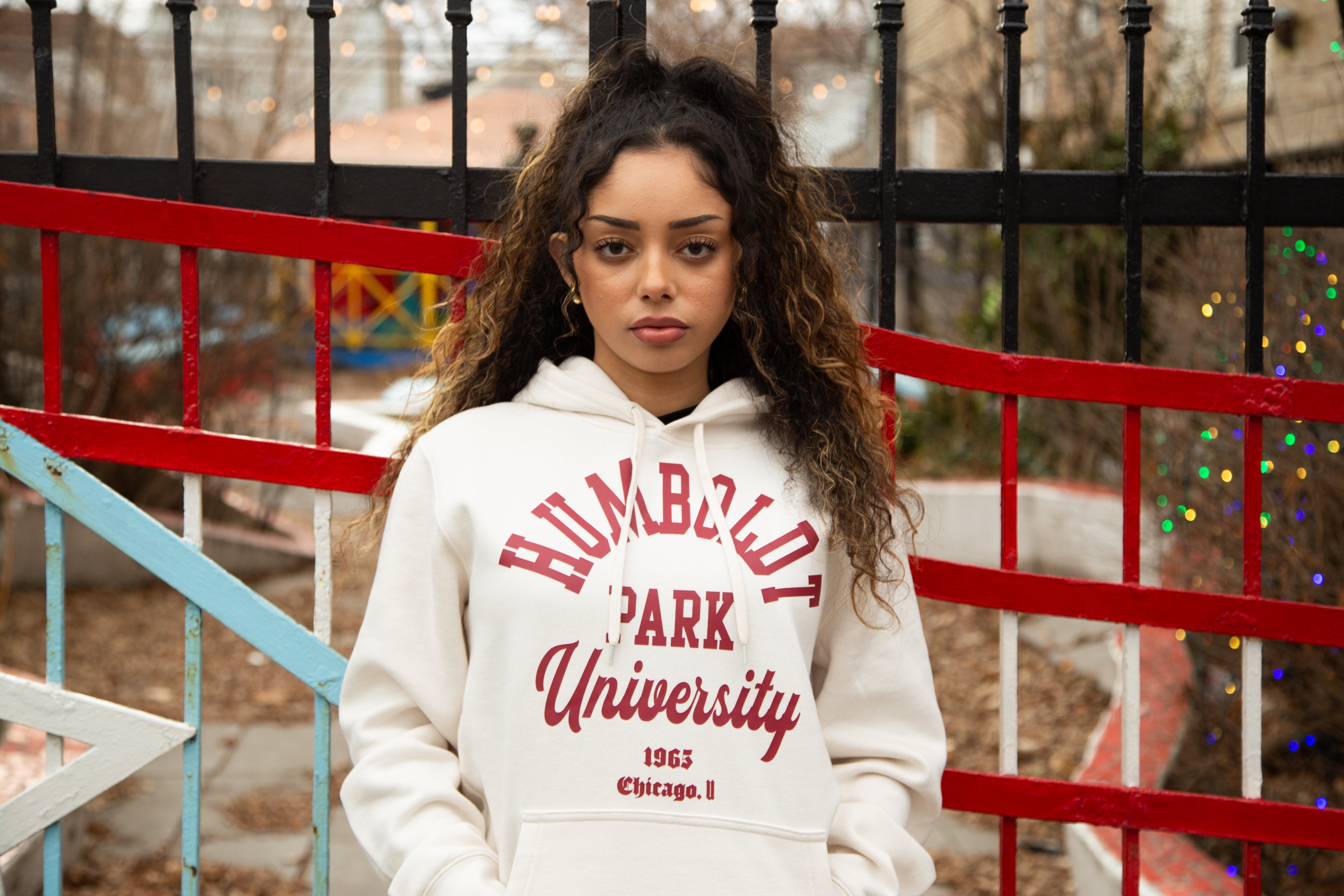 HUMBOLDT PARK UNIVERSITY CREMA "GUAYABA" RED KANGAROO POCKET HOODIE
